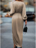 Wendy | Women's Wrap Front Midi Dress with Puff Sleeve
