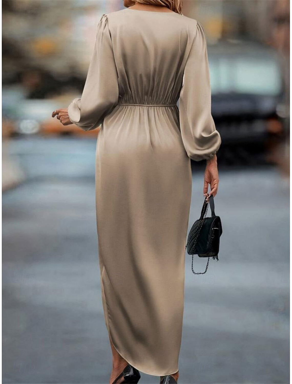 Wendy | Women's Wrap Front Midi Dress with Puff Sleeve