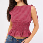 Roosmarijn | Women's Checked Smocked Bow-Shoulder Top