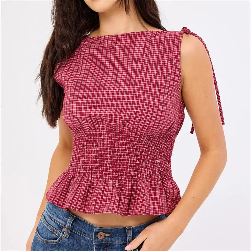 Roosmarijn | Women's Checked Smocked Bow-Shoulder Top