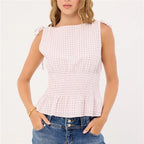 Roosmarijn | Women's Checked Smocked Bow-Shoulder Top