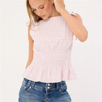 Roosmarijn | Women's Checked Smocked Bow-Shoulder Top