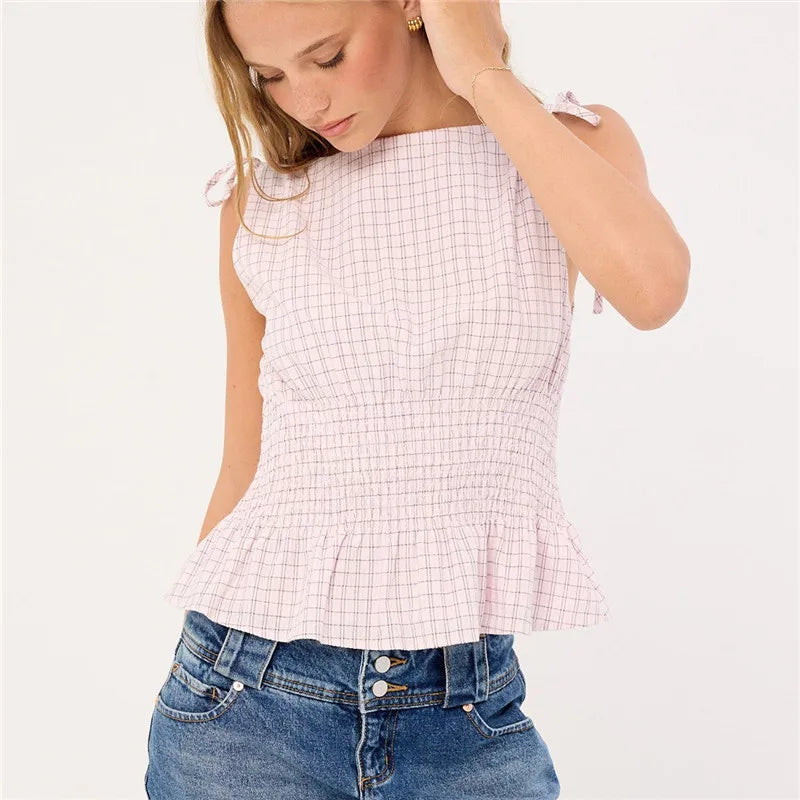 Roosmarijn | Women's Checked Smocked Bow-Shoulder Top