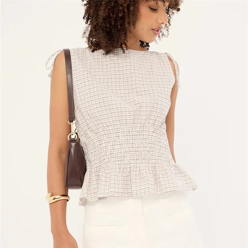Roosmarijn | Women's Checked Smocked Bow-Shoulder Top