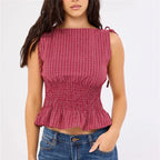 Roosmarijn | Women's Checked Smocked Bow-Shoulder Top