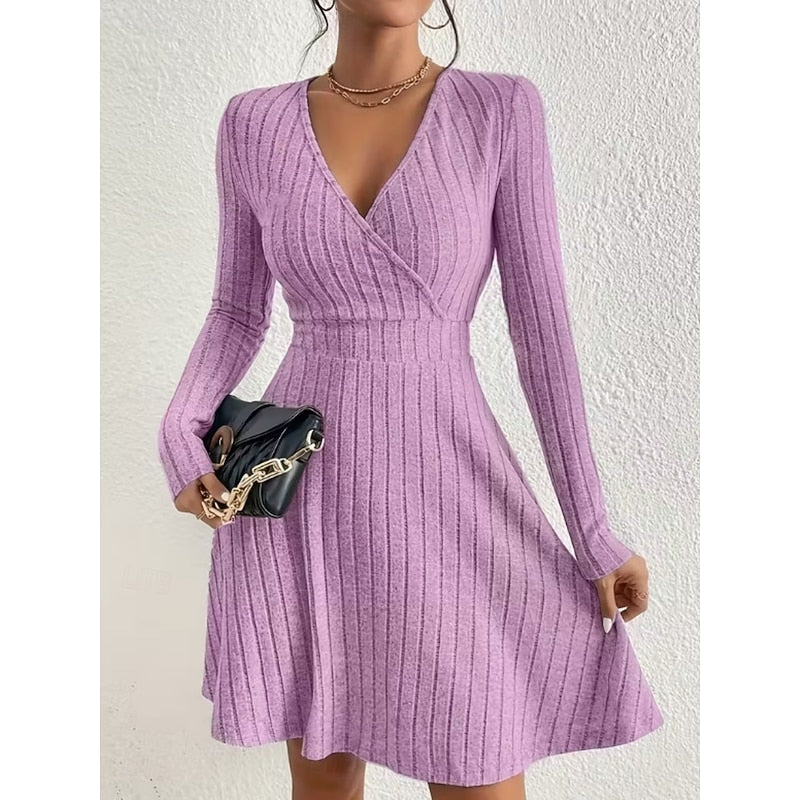 Daniela | Women's Ribbed Knit A-Line Dress with V-Neck