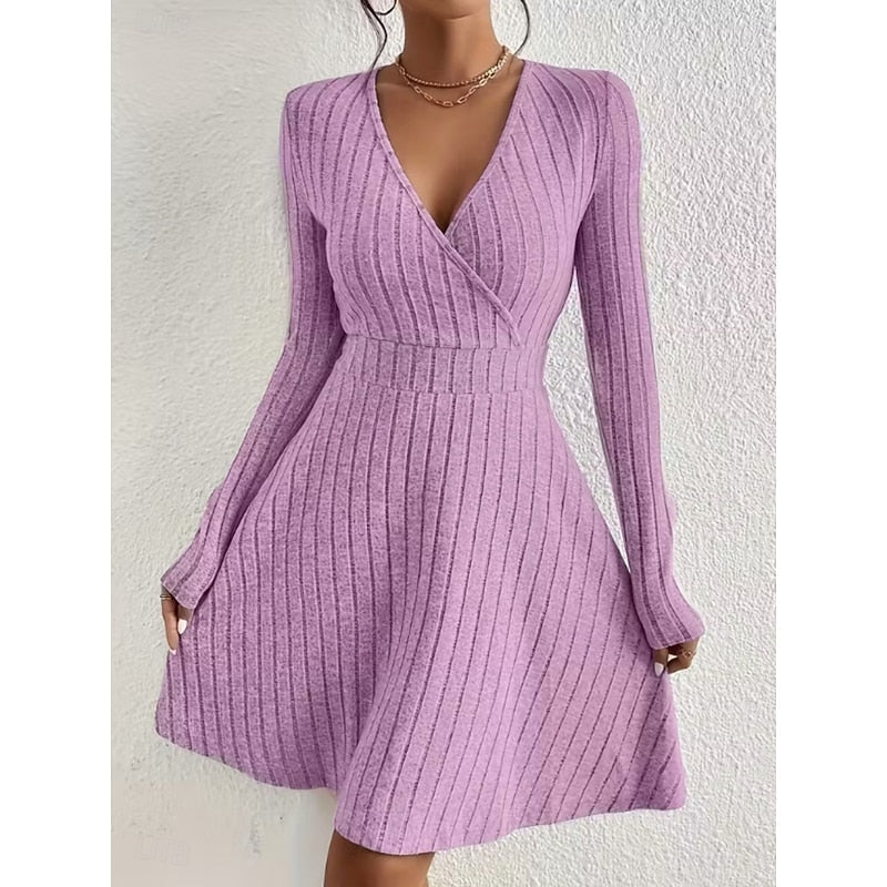 Daniela | Women's Ribbed Knit A-Line Dress with V-Neck