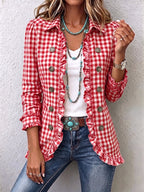 Anita | Women's Gingham Ruffle-Trim Double-Breasted Blazer Jacket