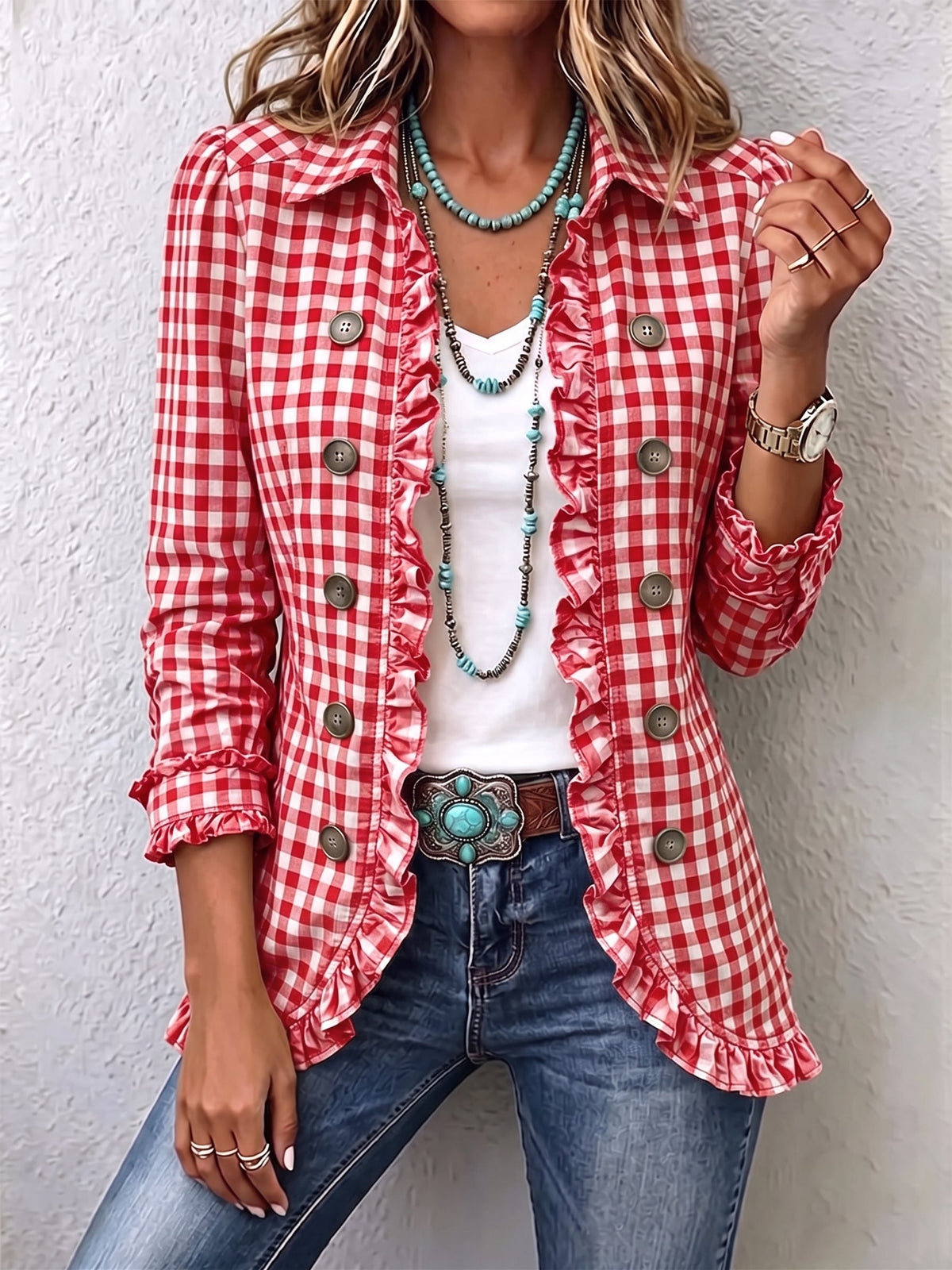 Anita | Women's Gingham Ruffle-Trim Double-Breasted Blazer Jacket
