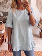 Wilhelmien | Women's Striped Short Sleeve Blouse with Ruffle Hem