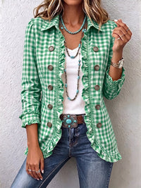 Anita | Women's Gingham Ruffle-Trim Double-Breasted Blazer Jacket