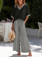 Lisbet | Women's Striped Two-Piece Set Short Sleeve Top