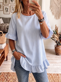 Wilhelmien | Women's Striped Short Sleeve Blouse with Ruffle Hem