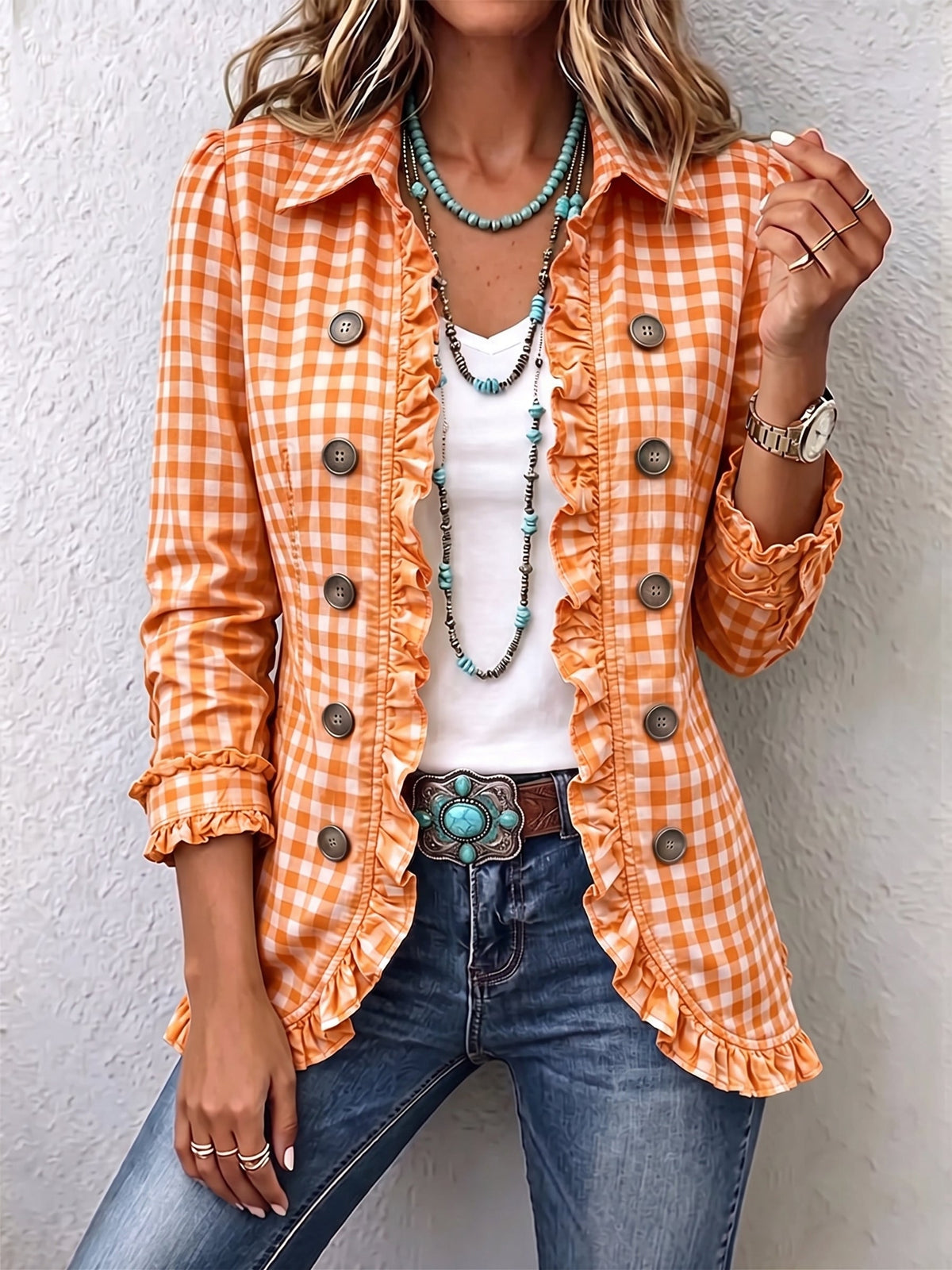 Anita | Women's Gingham Ruffle-Trim Double-Breasted Blazer Jacket