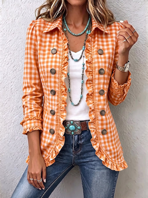 Anita | Women's Gingham Ruffle-Trim Double-Breasted Blazer Jacket