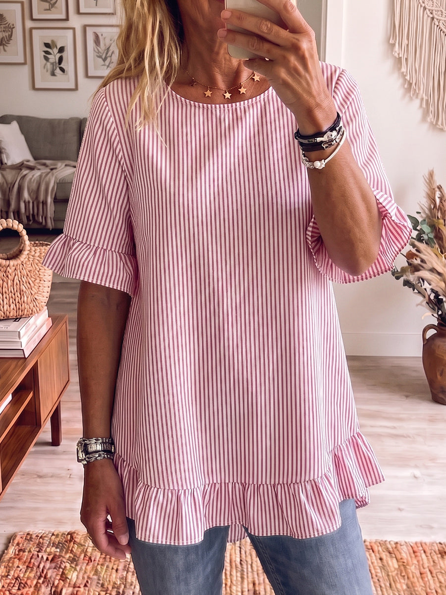 Wilhelmien | Women's Striped Short Sleeve Blouse with Ruffle Hem