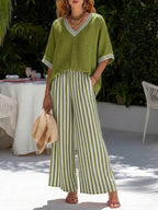 Lisbet | Women's Striped Two-Piece Set Short Sleeve Top