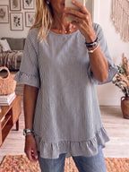 Wilhelmien | Women's Striped Short Sleeve Blouse with Ruffle Hem