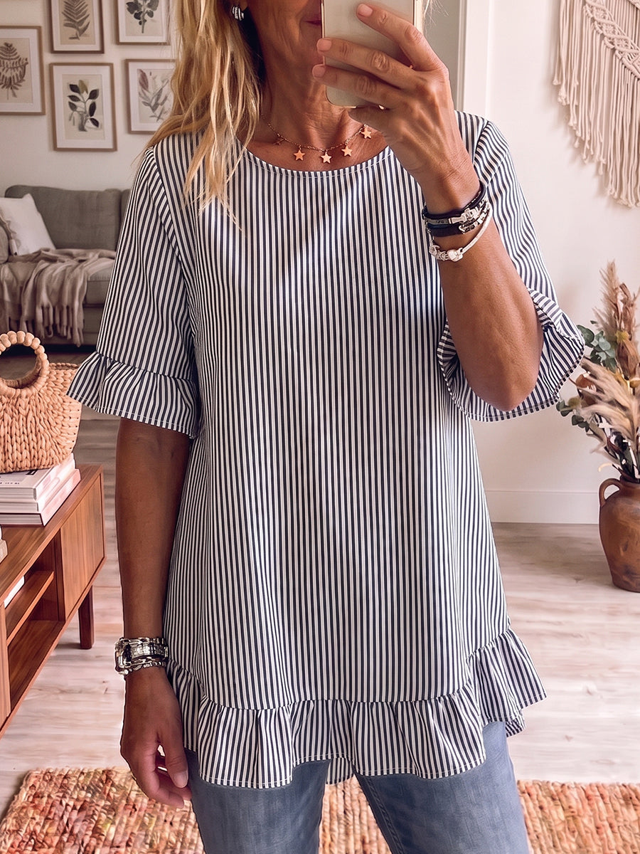 Wilhelmien | Women's Striped Short Sleeve Blouse with Ruffle Hem