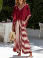 Lisbet | Women's Striped Two-Piece Set Short Sleeve Top