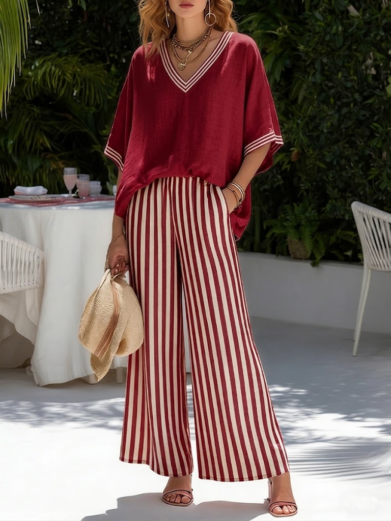 Lisbet | Women's Striped Two-Piece Set Short Sleeve Top
