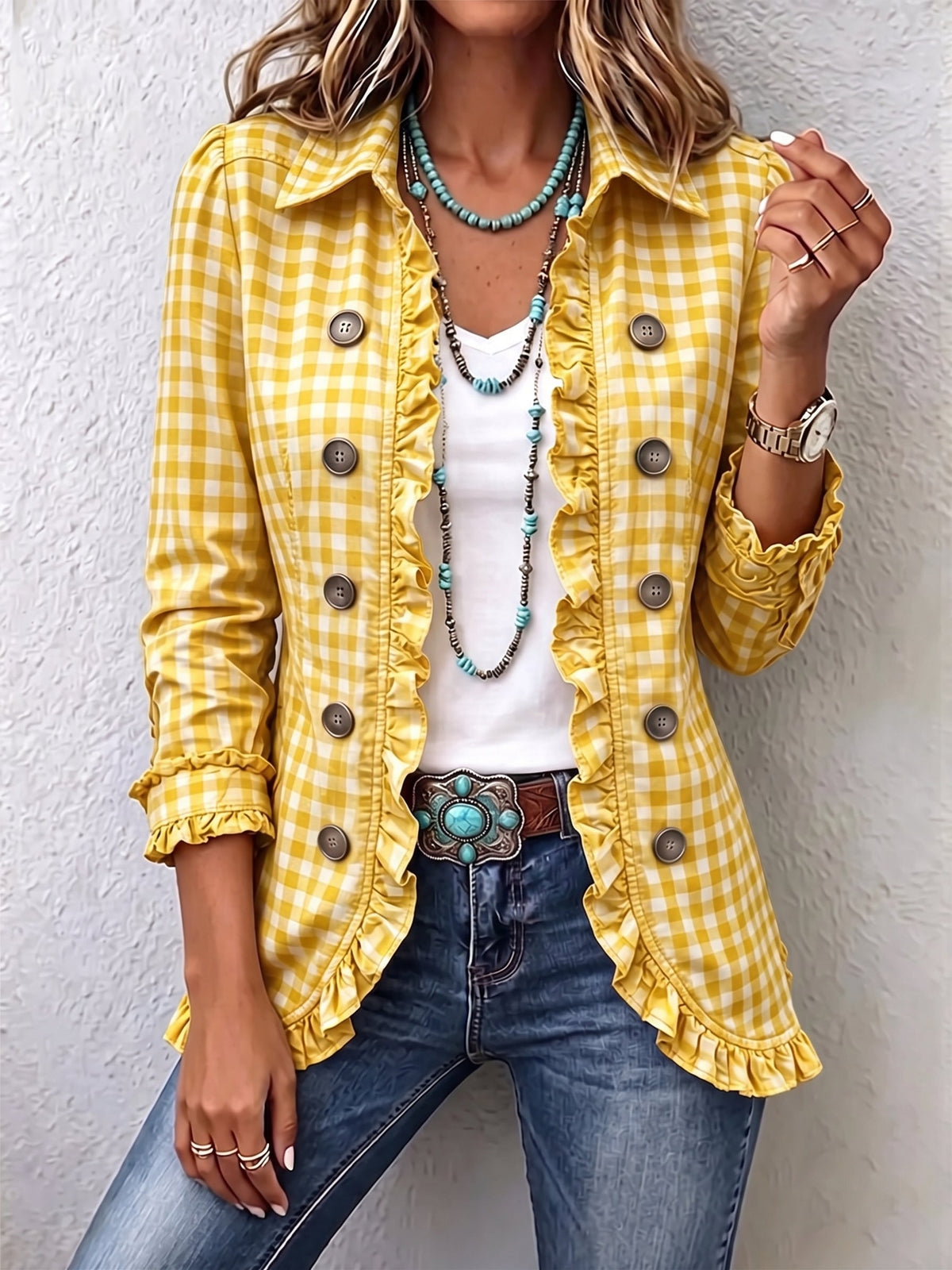 Anita | Women's Gingham Ruffle-Trim Double-Breasted Blazer Jacket