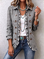 Anita | Women's Gingham Ruffle-Trim Double-Breasted Blazer Jacket