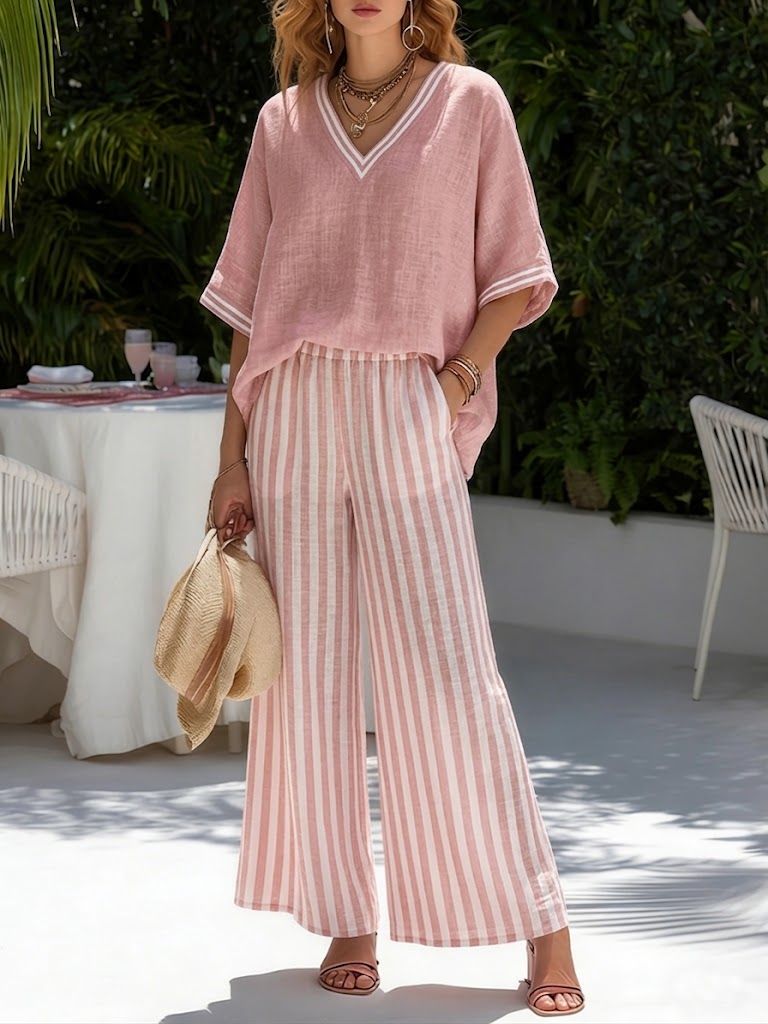 Lisbet | Women's Striped Two-Piece Set Short Sleeve Top