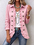 Anita | Women's Gingham Ruffle-Trim Double-Breasted Blazer Jacket