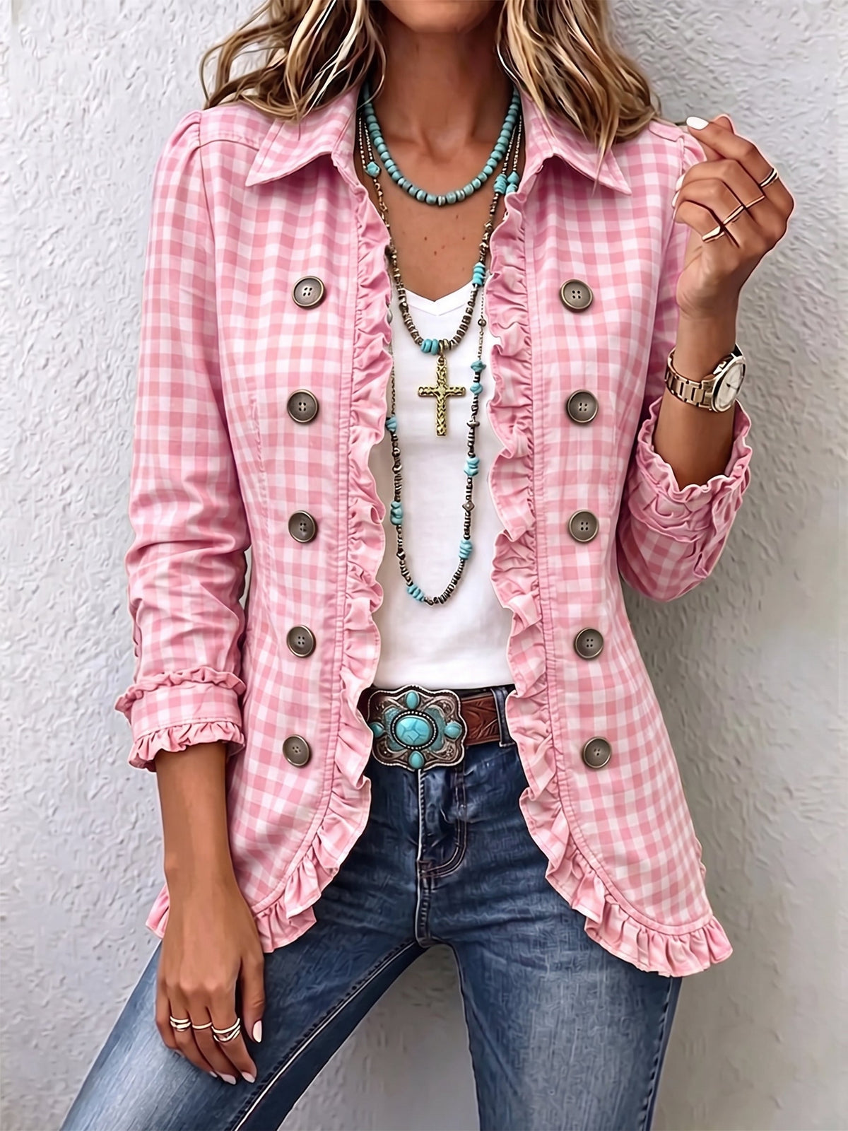 Anita | Women's Gingham Ruffle-Trim Double-Breasted Blazer Jacket