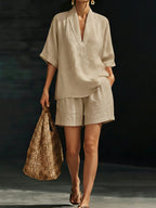 Cassia | Women's Relaxed Button-Front Top and Bermuda Shorts Set