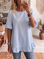 Wilhelmien | Women's Striped Short Sleeve Blouse with Ruffle Hem