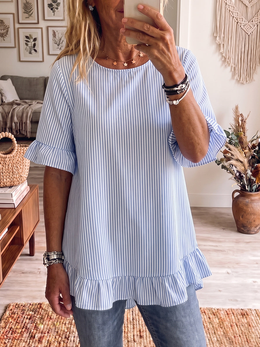 Wilhelmien | Women's Striped Short Sleeve Blouse with Ruffle Hem
