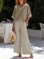 Lisbet | Women's Striped Two-Piece Set Short Sleeve Top