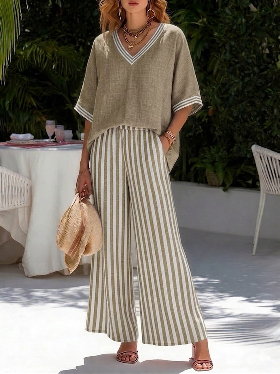 Lisbet | Women's Striped Two-Piece Set Short Sleeve Top