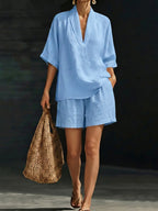 Cassia | Women's Relaxed Button-Front Top and Bermuda Shorts Set