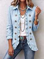 Anita | Women's Gingham Ruffle-Trim Double-Breasted Blazer Jacket