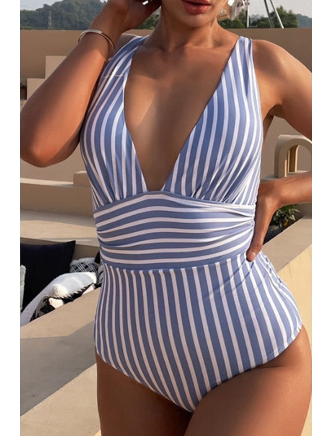 Gemma | Women's V-Neck Striped One-Piece Swimsuit