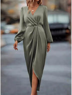 Wendy | Women's Wrap Front Midi Dress with Puff Sleeve