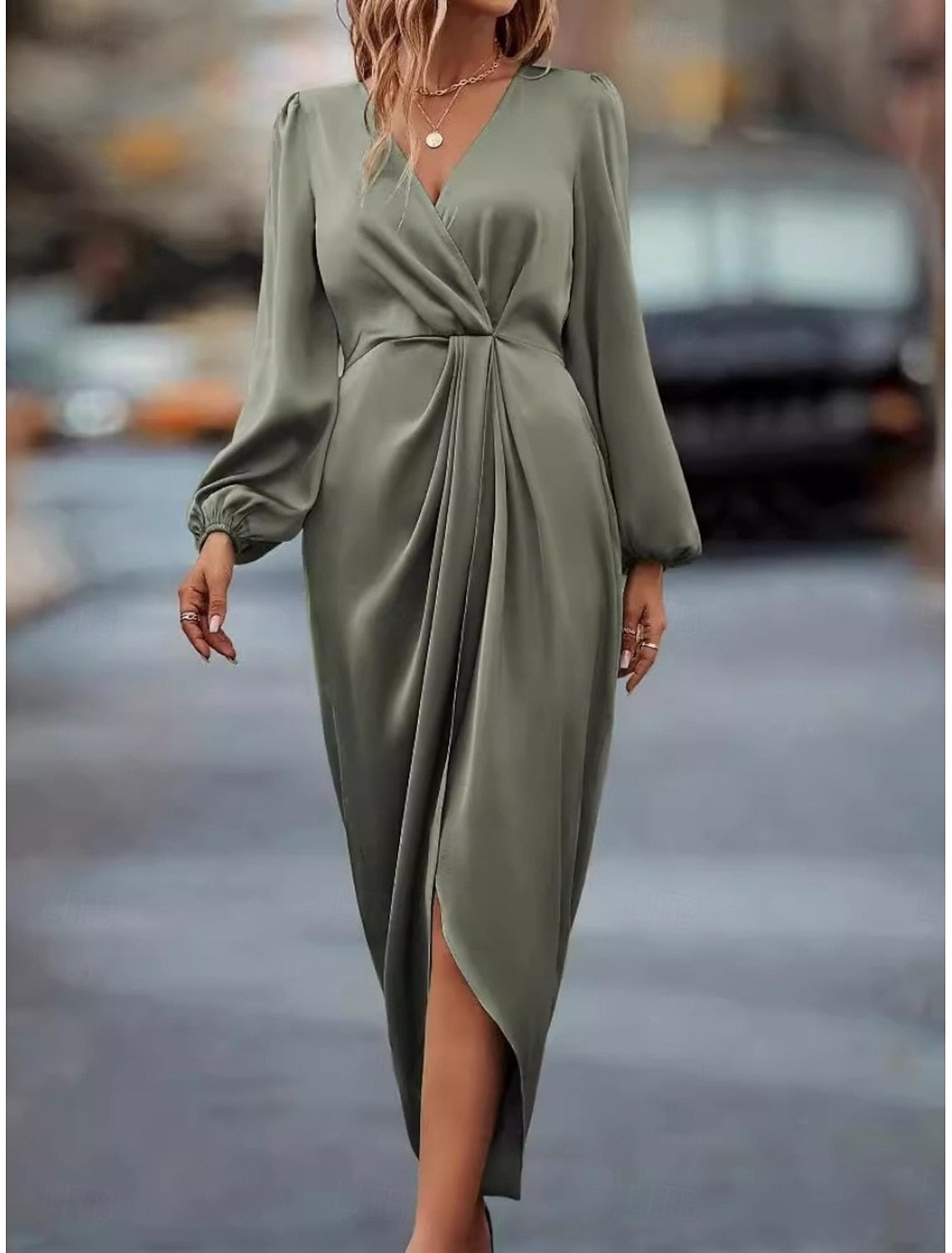 Wendy | Women's Wrap Front Midi Dress with Puff Sleeve