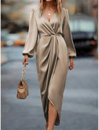 Wendy | Women's Wrap Front Midi Dress with Puff Sleeve