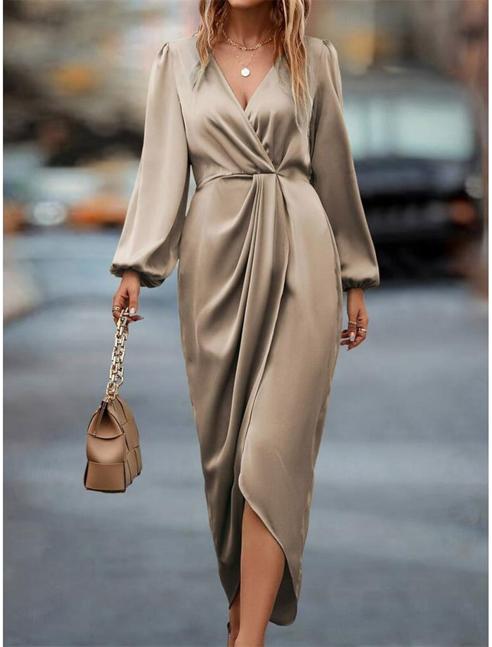 Wendy | Women's Wrap Front Midi Dress with Puff Sleeve