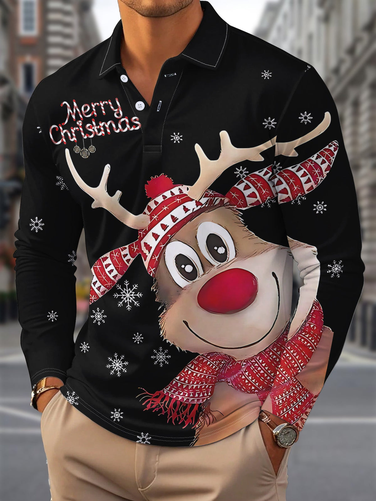 Griffin | Men's Christmas Blouse Geometric Print Button-Up Shirt