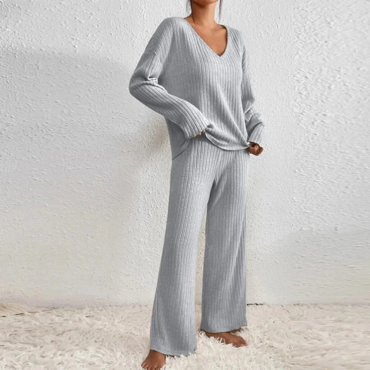 Lauretta | Women's V-Neck Knit Loungewear Two-Piece Set