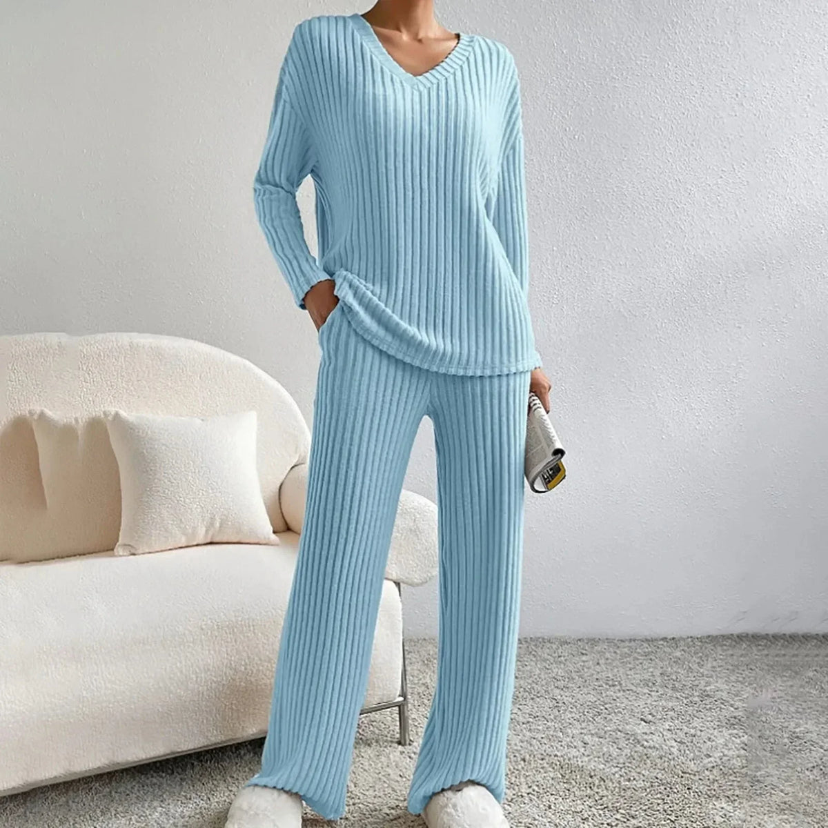 Lauretta | Women's V-Neck Knit Loungewear Two-Piece Set