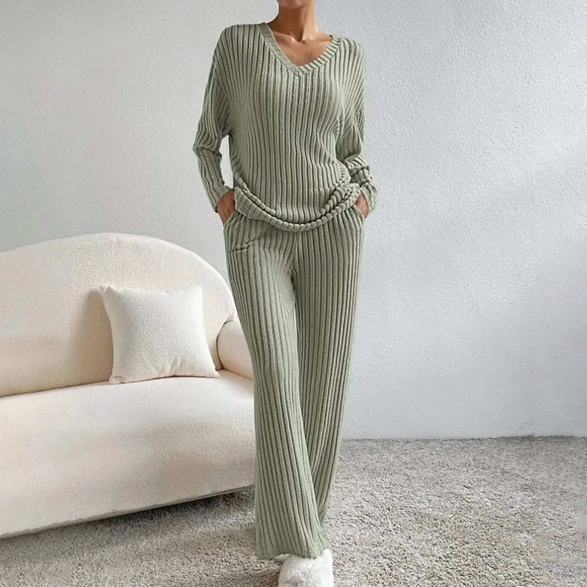 Lauretta | Women's V-Neck Knit Loungewear Two-Piece Set