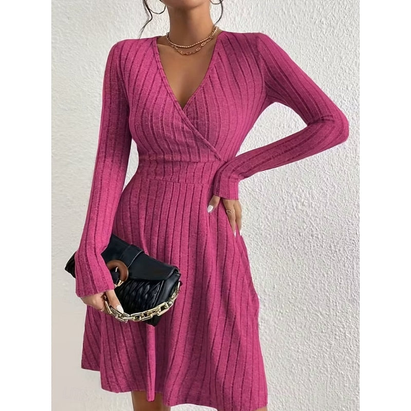 Daniela | Women's Ribbed Knit A-Line Dress with V-Neck