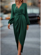 Wendy | Women's Wrap Front Midi Dress with Puff Sleeve
