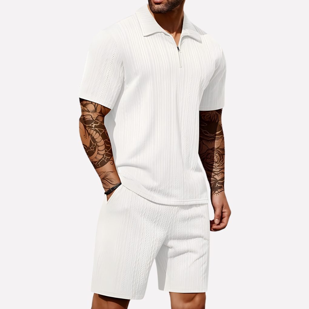 Wouter | Men's Ribbed Knit Half-Zip Polo Shirt and Shorts Set
