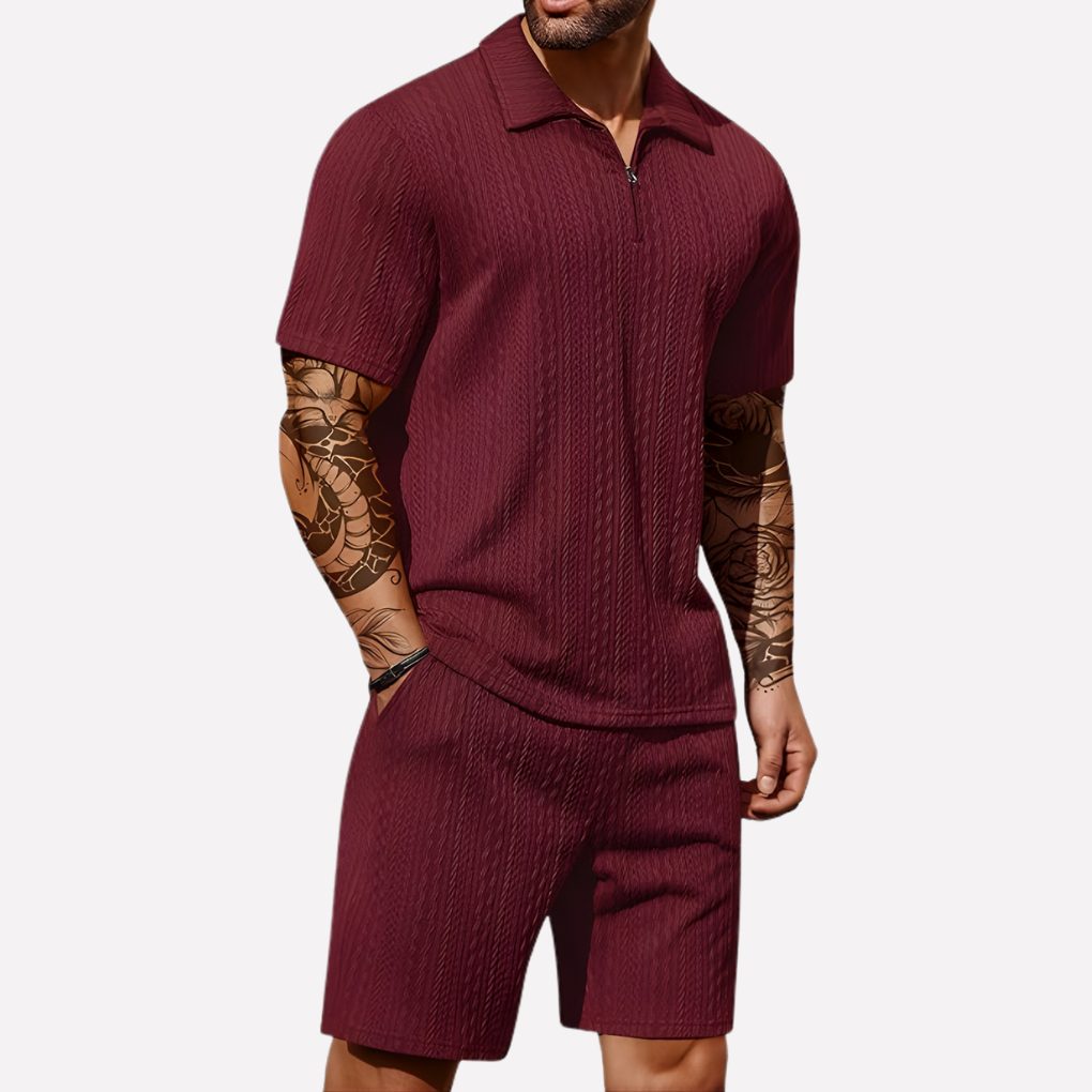 Wouter | Men's Ribbed Knit Half-Zip Polo Shirt and Shorts Set